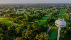 Aerial view of the course at Silver Lake with the water tower in the foreground.